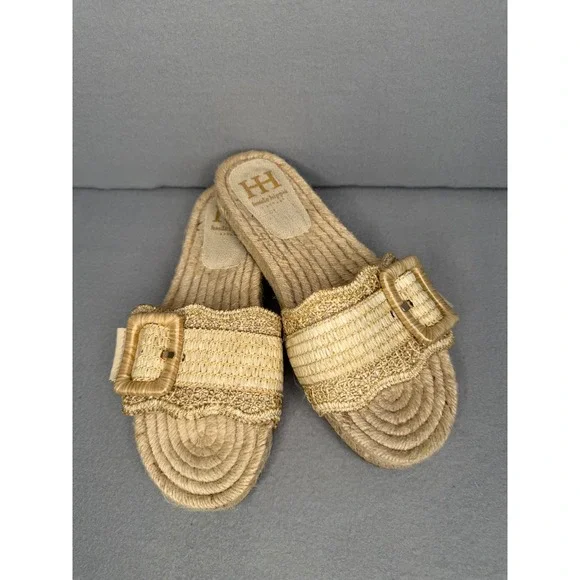 Haute Hippie Nyssa Gold Woven Espadrille Slide Sandals Womens 8.5M Buckle Boho - Picture 1 of 8